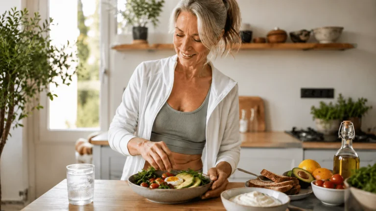 Longevity Story | Come rimanere giovani e rallentare l'invecchiamento — donna con capelli grigi in abbigliamento sportivo prepara una ciotola di verdure e uova in cucina