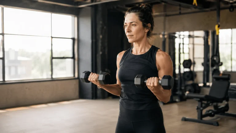 Longevity Story | Come rimanere giovani e rallentare l'invecchiamento — donna con capelli scuri raccolti si allena con manubri in una palestra industriale