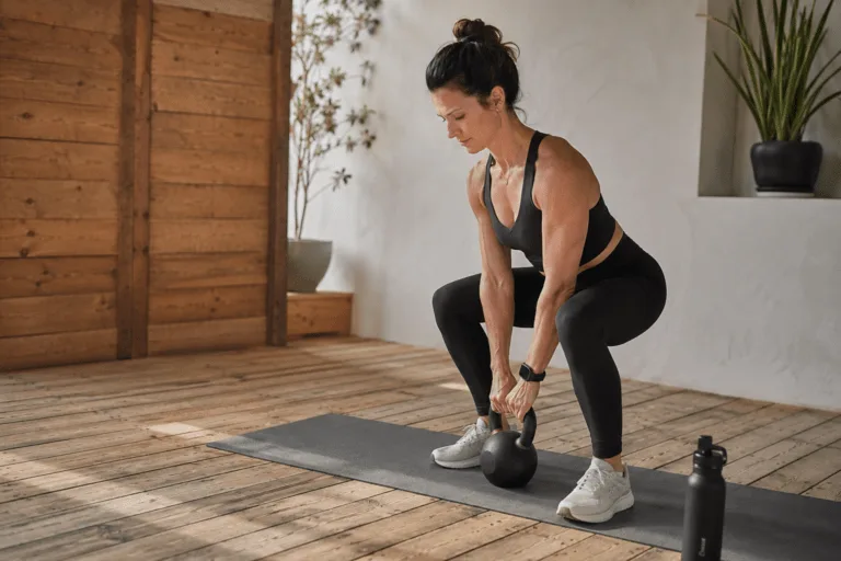 Donna esegue uno swing con kettlebell durante un allenamento di forza indoor