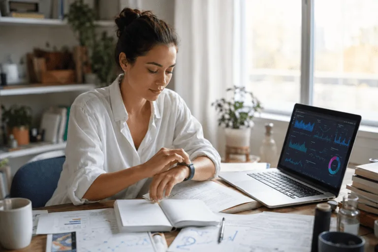 Donna controlla lo smartwatch mentre lavora al computer in home office