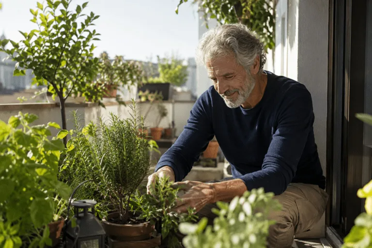 Longevity Story - Uomo si prende cura di piante aromatiche in vasi su un balcone urbano, una buona abitudine salutare giornaliera