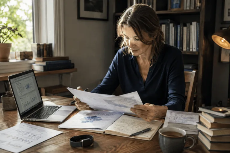 Longevity Story - consulta appunti e documenti alla scrivania circondata da libri per longevità e salute