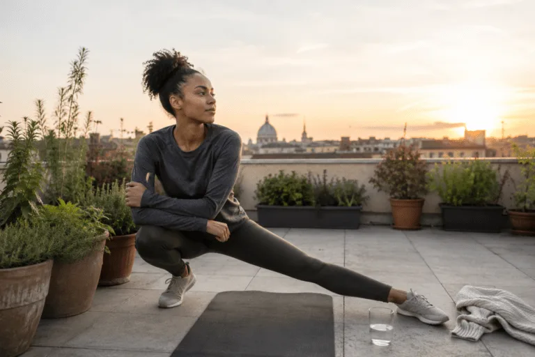 Donna esegue un affondo laterale di stretching su una terrazza panoramica al tramonto