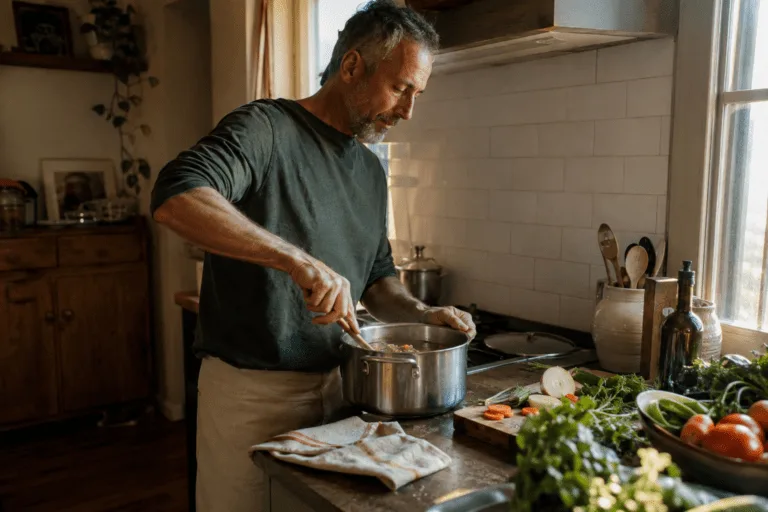 Uomo cucina in una pentola circondato da verdure fresche in cucina