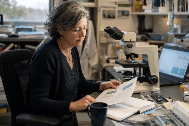 Donna analizza documenti in un laboratorio scientifico con microscopio e computer