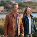 Longevity Story | Come rimanere giovani e rallentare l'invecchiamento — coppia matura cammina a occhi chiusi in un paesaggio costiero, respirando profondamente