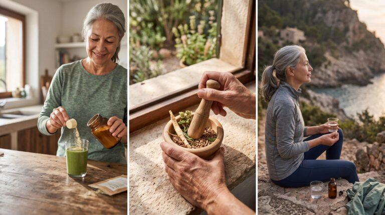 Longevity Story | Come rimanere giovani e rallentare l'invecchiamento — collage di 3 scatti: donna versa un integratore in polvere in un frullato verde, mani pestano radici ed erbe in un mortaio di legno vicino a una finestra, donna seduta su una scogliera assume un integratore con un bicchiere d'acqua