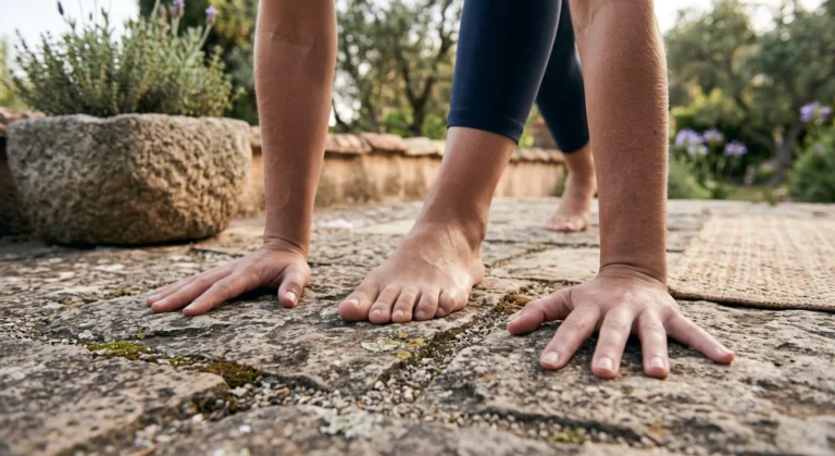 Longevity Story | Come rimanere giovani e rallentare l'invecchiamento — primo piano di mani e piedi appoggiati su un pavimento in pietra durante una posizione yoga su una terrazza