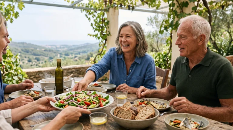 Longevity Story | Come rimanere giovani e rallentare l'invecchiamento — gruppo di persone mature condivide un pranzo a base di insalata, pesce e pane su una terrazza con vista sulle colline