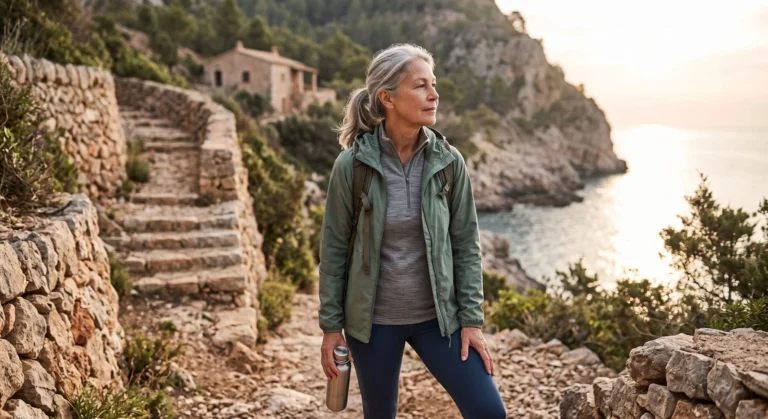 Longevity Story | Come rimanere giovani e rallentare l'invecchiamento — donna matura con zaino cammina su un antico sentiero in pietra con vista sul mare, bottiglia d'acqua in mano