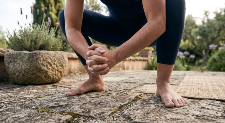 Longevity Story | Come rimanere giovani e rallentare l'invecchiamento — primo piano di mani e piedi in posizione accovacciata durante una pratica yoga su una terrazza in pietra