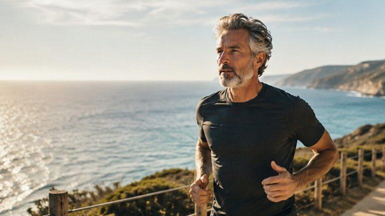 Longevity Story | Come rimanere giovani e rallentare l'invecchiamento — uomo maturo con barba grigia corre su un sentiero costiero al tramonto