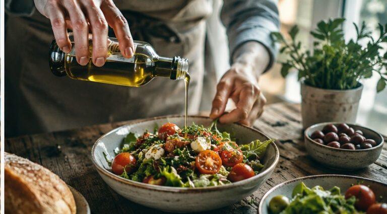 Longevity Story | Come rimanere giovani e rallentare l'invecchiamento — mani versano olio d'oliva su un'insalata con pomodorini e formaggio su un tavolo di legno