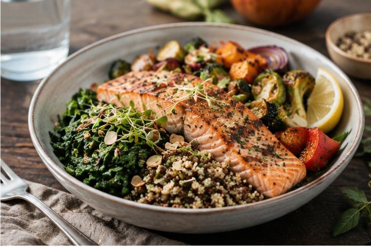 Longevity Story | Come rimanere giovani e rallentare l'invecchiamento — ciotola con salmone grigliato, legumi e agrumi, pasto in stile mediterraneo