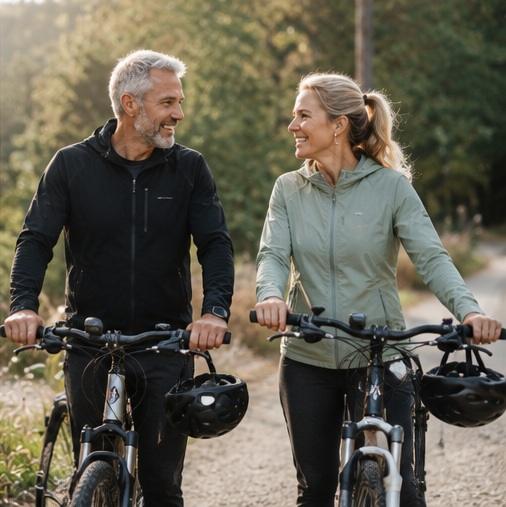 Longevity Story | Come rimanere giovani e rallentare l'invecchiamento — coppia matura pedala insieme in un contesto naturale
