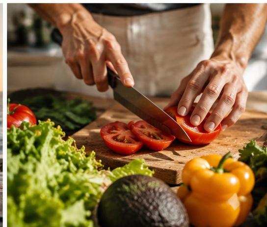 Longevity Story | Come rimanere giovani e rallentare l'invecchiamento — preparazione di ingredienti freschi in stile dieta mediterranea