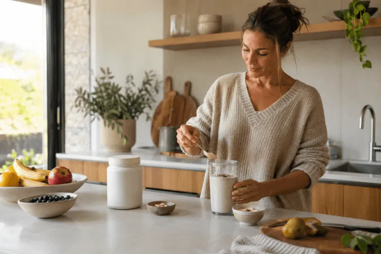 Donna che mescola con un cucchiaino un frullato proteico in cucina, accanto a un barattolo di integratore in polvere, frutta fresca e una ciotola di capsule