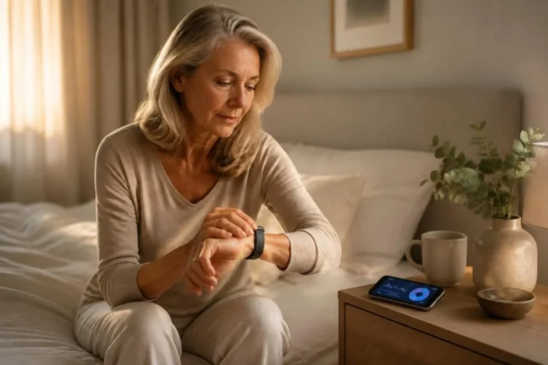 Donna di mezza età seduta sul letto al mattino osserva lo smartwatch, con smartphone sul comodino