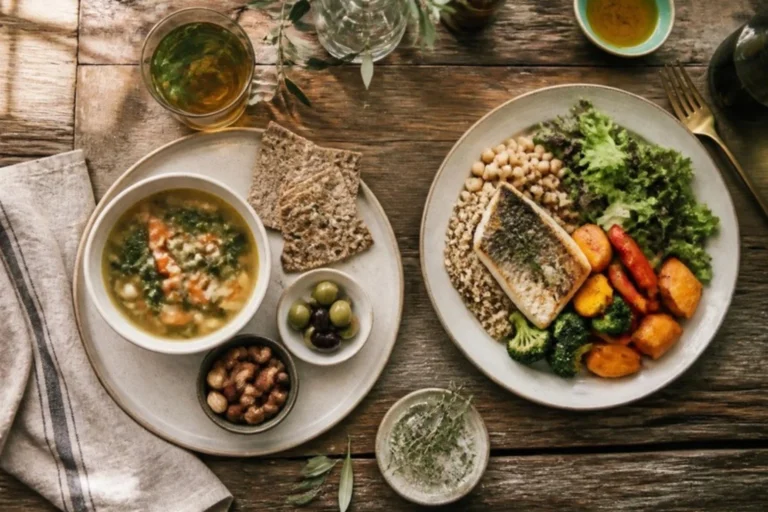 Tavolo di legno con un pasto vegetale leggero, zuppa, olive, frutta secca e tisana, accanto a un piatto bilanciato con pesce e verdure