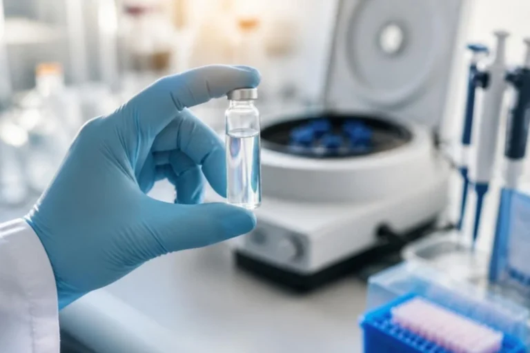 Mano guantata tiene una piccola fiala di liquido trasparente in un laboratorio con centrifuga e pipette