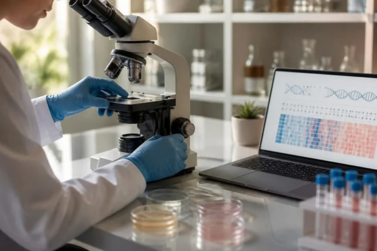 Mani con guanti blu posizionano un campione sotto il microscopio in un laboratorio, accanto a un laptop con dati genomici