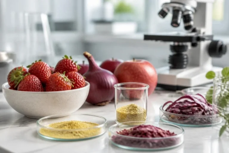 Fragole, cipolle rosse e mele su un banco di laboratorio accanto a capsule di Petri con polveri e a un microscopio