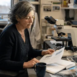 Donna analizza documenti in un laboratorio scientifico con microscopio e computer