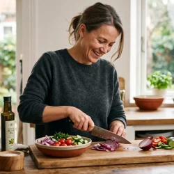 Longevity Story | Come rimanere giovani e rallentare l'invecchiamento — donna sorridente taglia cipolla rossa e verdure su un tagliere in una cucina domestica